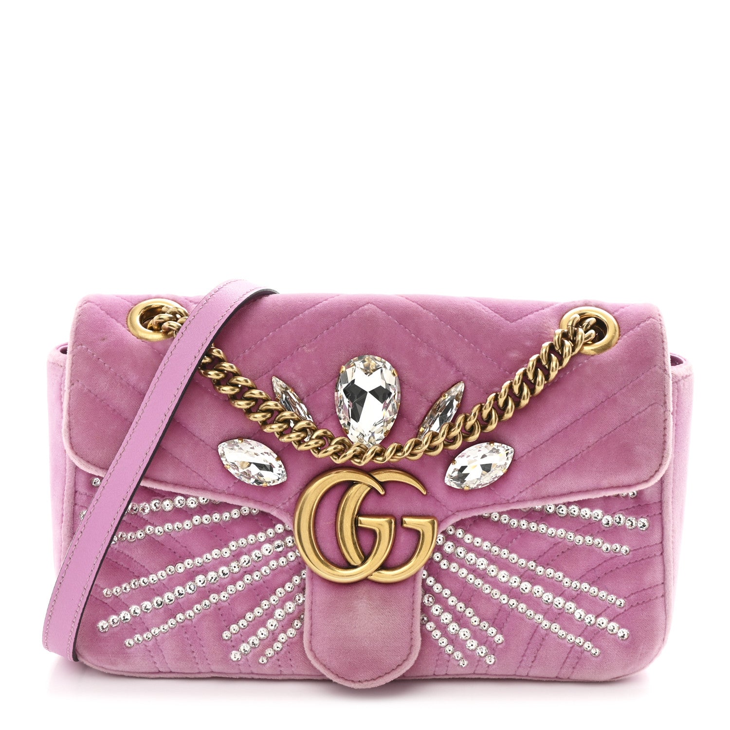 Gucci Velvet Matelasse Marquise Crystals Embroidered Small GG Marmont Shoulder Bag Malva 1 of 10