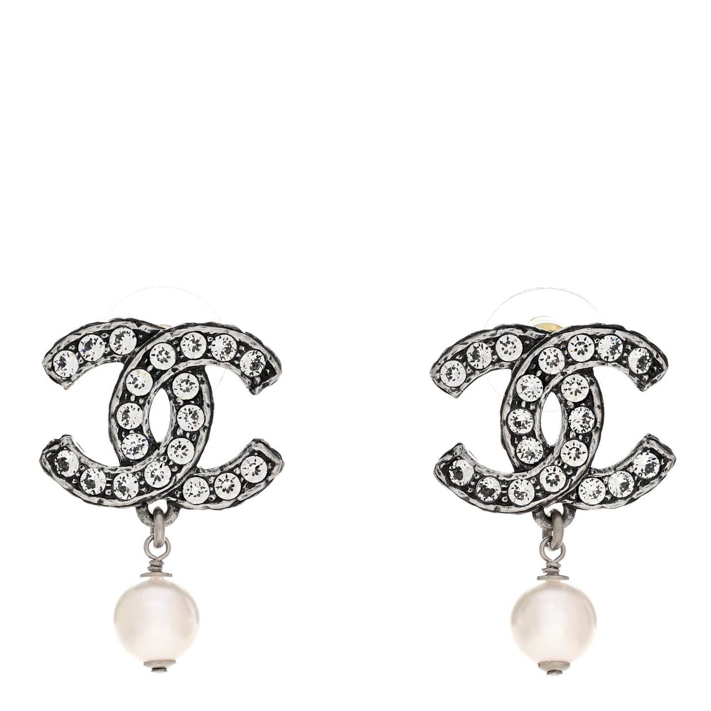 Crystal Pearl CC Drop Earrings Silver
