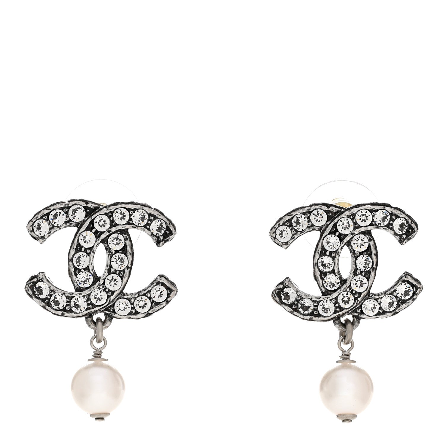 Chanel Crystal Pearl CC Drop Earrings Silver 1 of 5