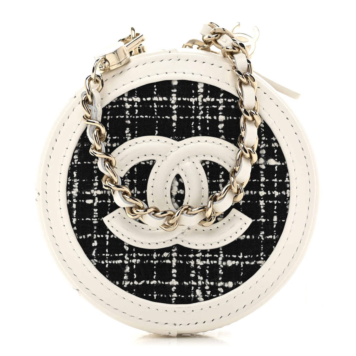 Tweed Quilted Round Filigree Pouch With Chain White Black