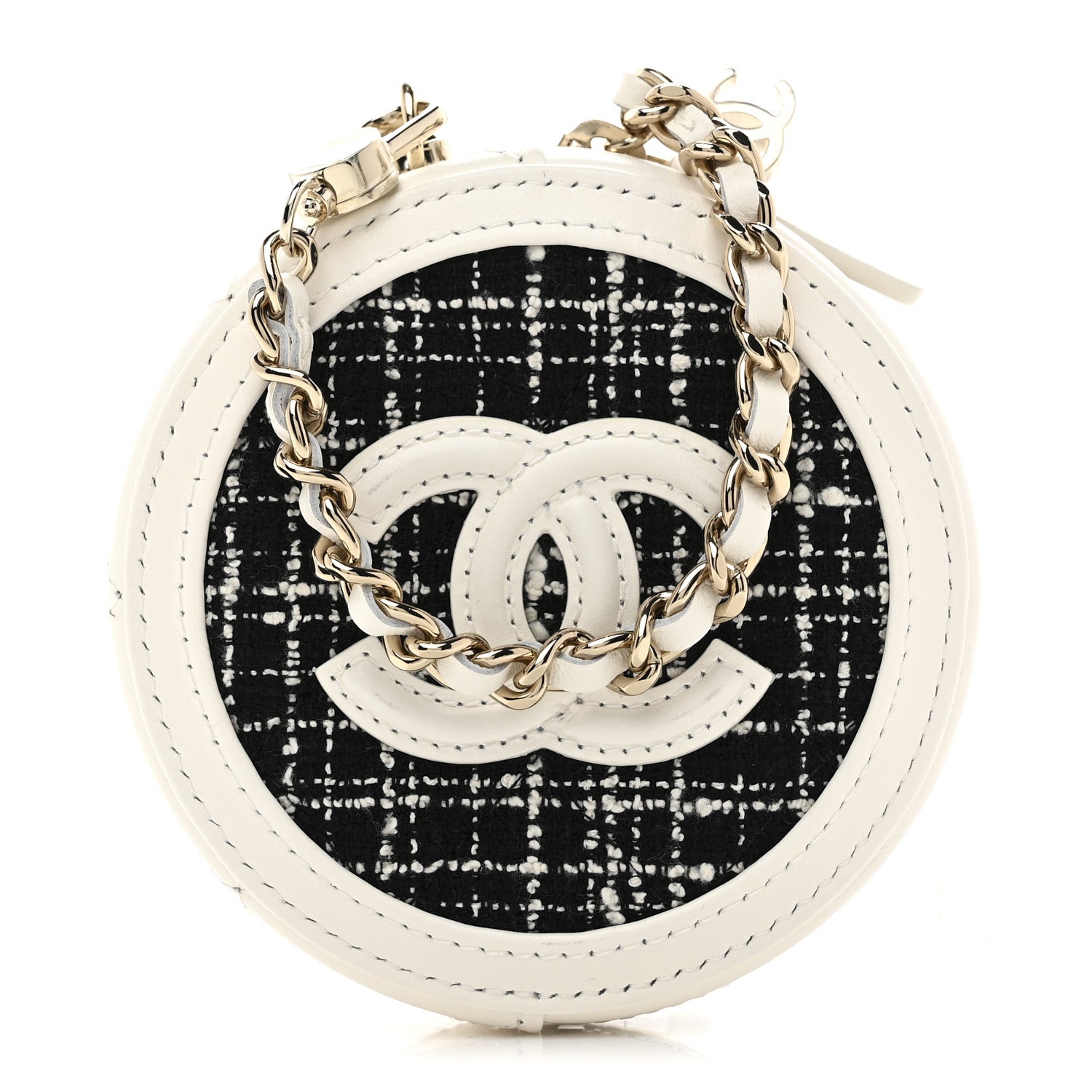 Chanel Tweed Quilted Round Filigree Pouch With Chain White Black 1 of 8