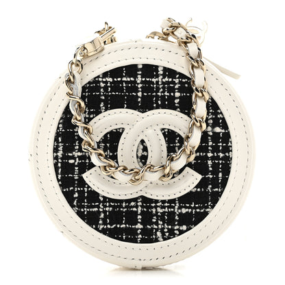 Chanel Tweed Quilted Round Filigree Pouch With Chain White Black 1 of 8