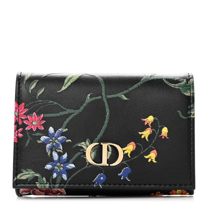 Christian Dior Calfskin Petites Fleurs Print Caro XS Wallet Black Multicolor 1 of 7