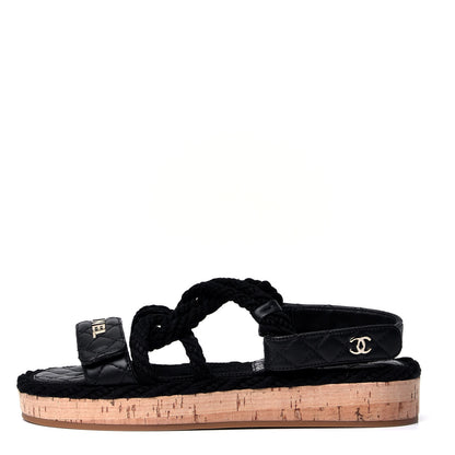 Chanel Cord Lambskin Quilted Logo Sandals 37 Black 1 of 6