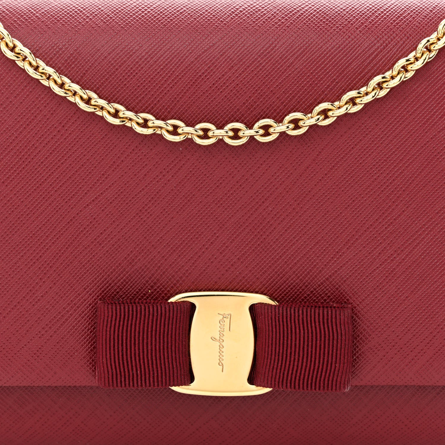 Salvatore Ferragamo Hammered Calfskin Vara Bow Chain Wallet Red 7 of 10