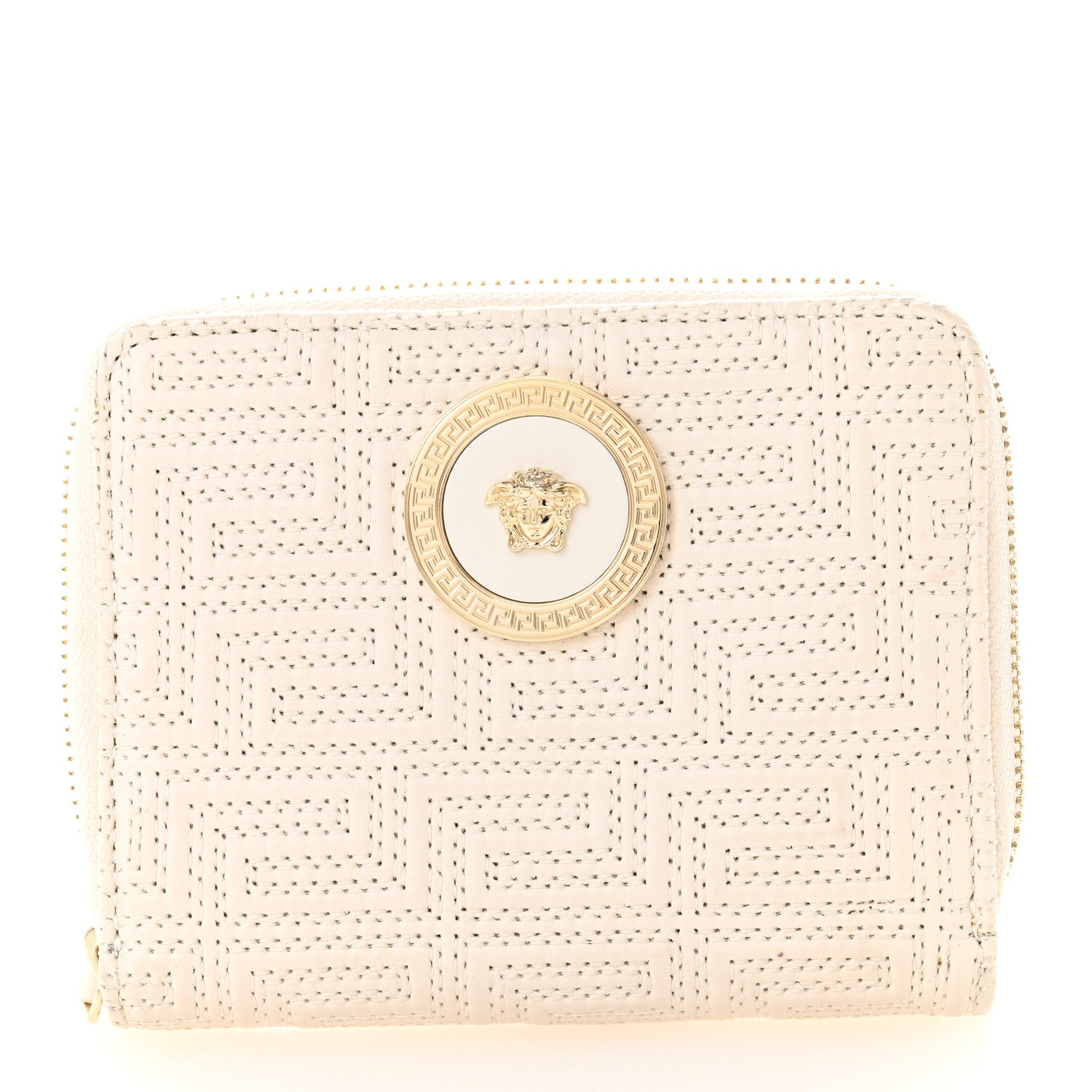 Versace Calfskin Icon Quilted Compact Zip Around Wallet White