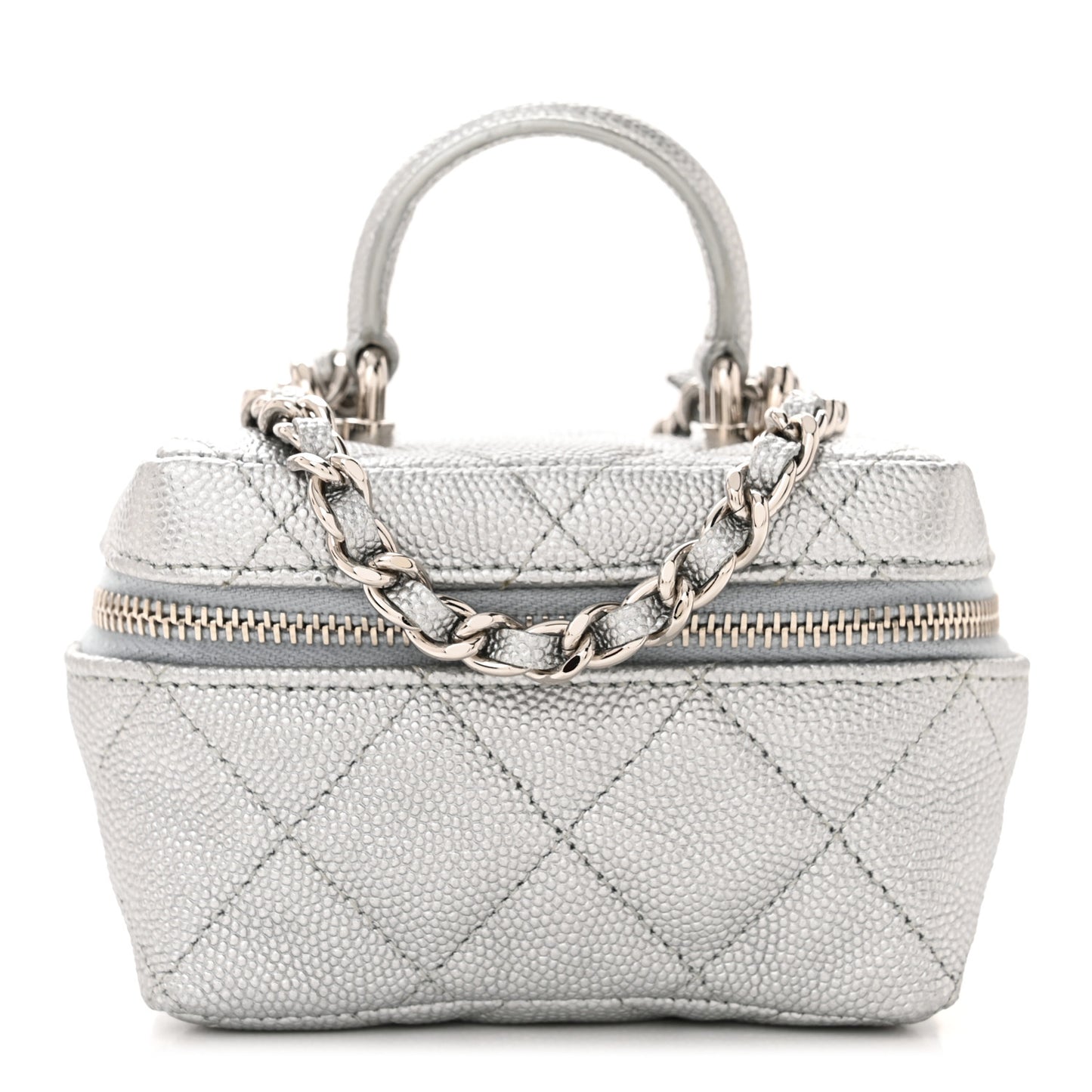 Metallic Caviar Quilted Mini Top Handle Vanity With Chain Silver