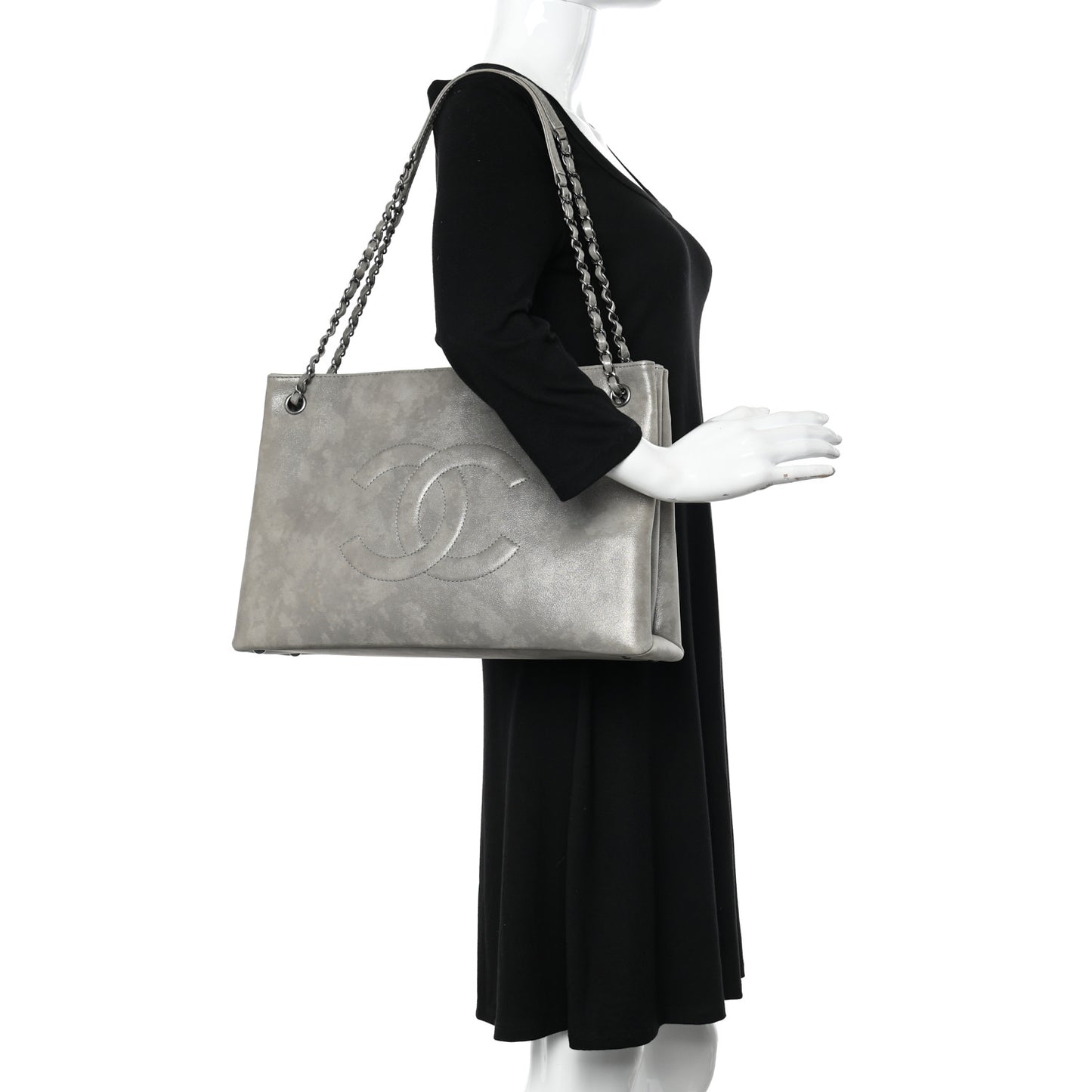 Iridescent Calfskin CC East West Shopping Tote Light Grey