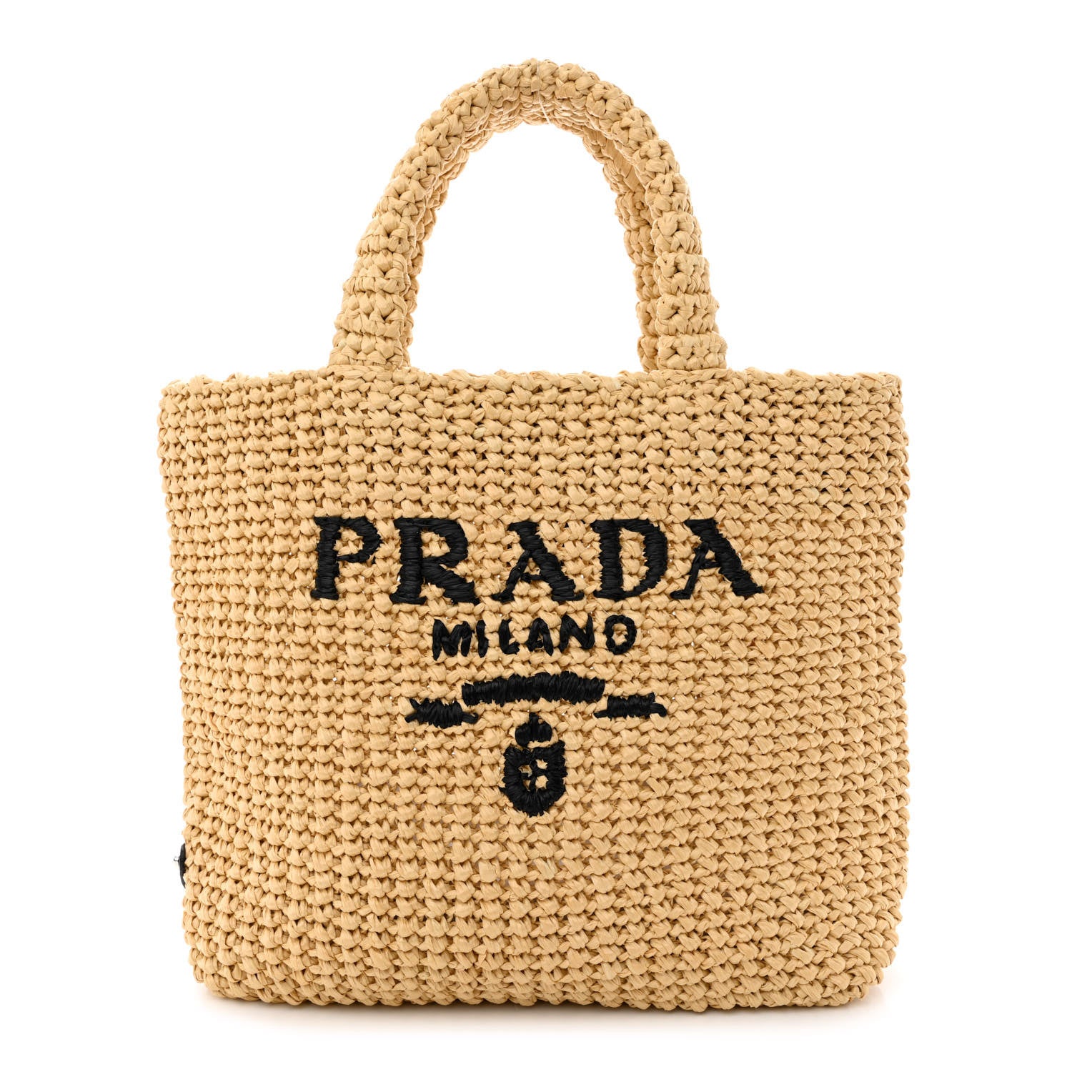 PRADA Yarn Raffia Effect Crochet Embroidered Small Logo Tote in the color Naturale by FASHIONPHILE