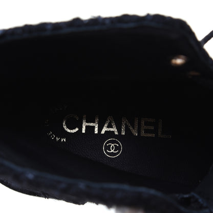 Chanel Tweed Patent Calfskin Pearl Combat Short Boots 36.5 Black Grey Blue 8 of 10