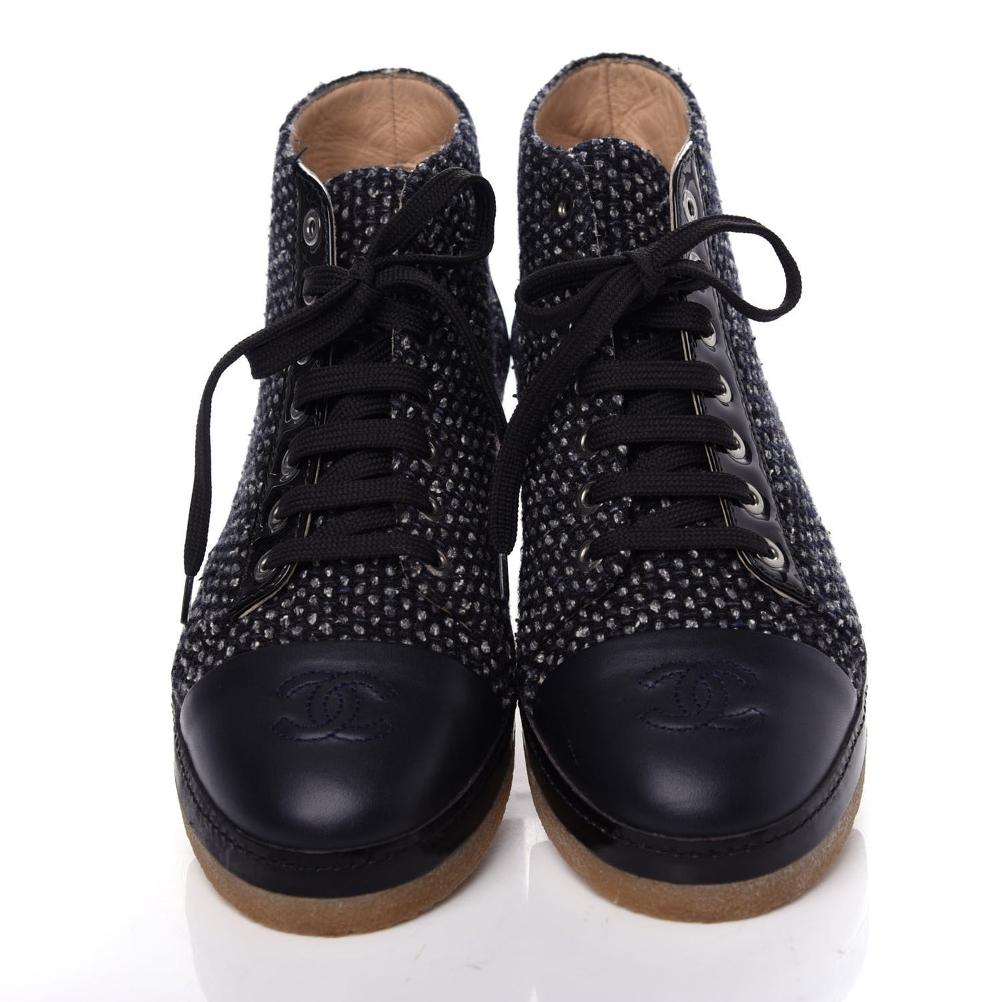 Tweed Calfskin Patent CC Lace Up Short Boots 38.5 Black Grey Dark Navy