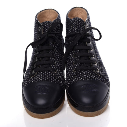 Chanel Tweed Calfskin Patent CC Lace Up Short Boots 38.5 Black Grey Dark Navy 5 of 11