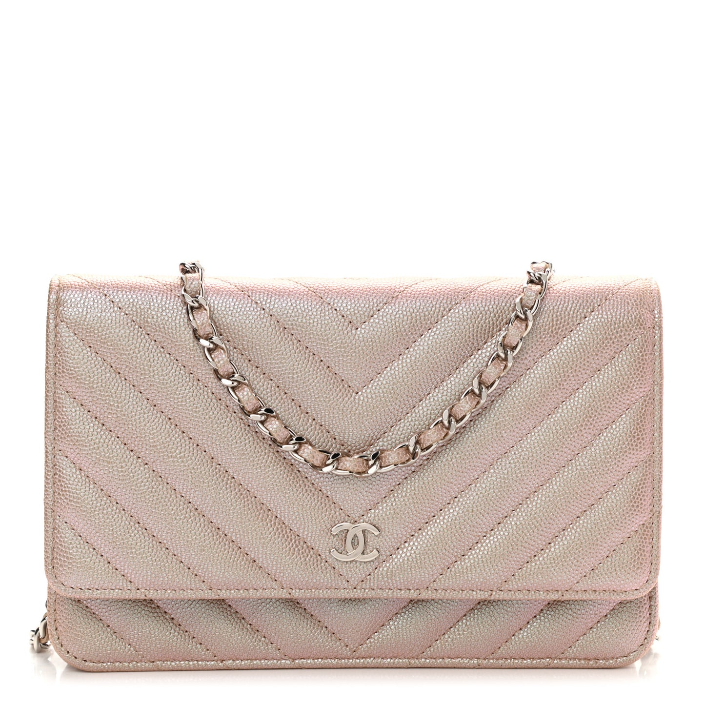Metallic Caviar Chevron Quilted Wallet On Chain WOC Light Gold