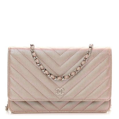Chanel Metallic Caviar Chevron Quilted Wallet On Chain WOC Light Gold 1 of 11