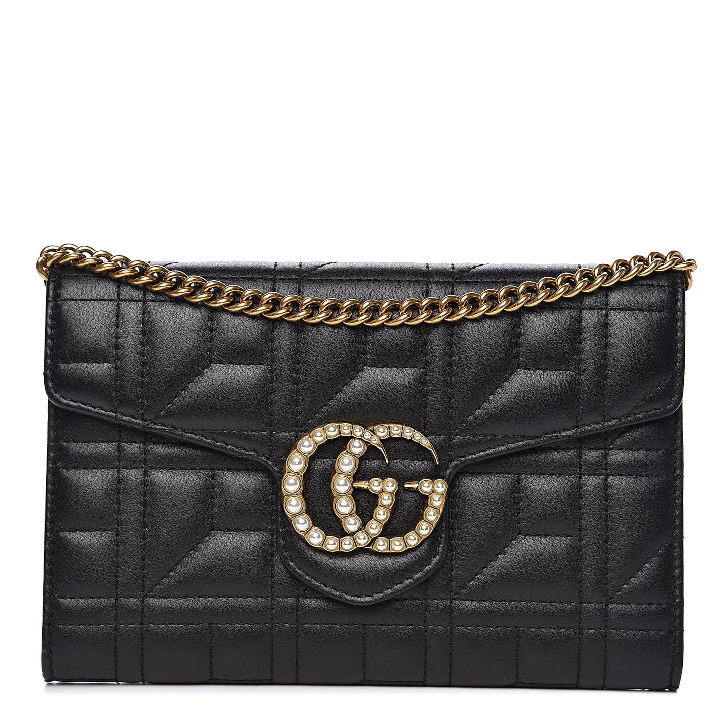 Calfskin Matelasse Mini Pearly GG Marmont Chain Wallet Black