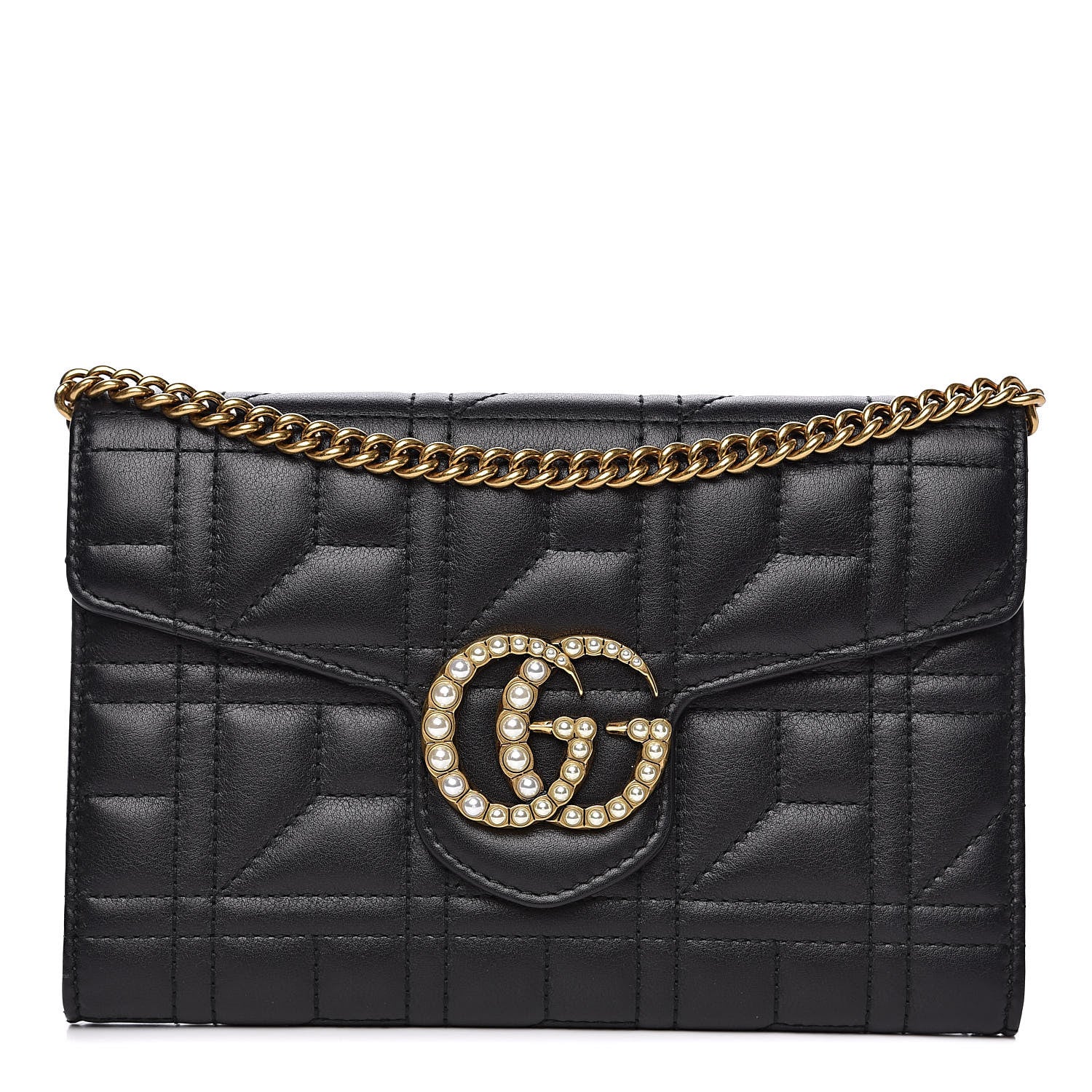 Gucci Calfskin Matelasse Mini Pearly GG Marmont Chain Wallet Black 1 of 9