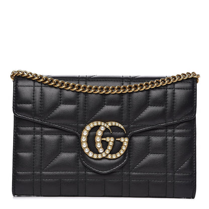 Gucci Calfskin Matelasse Mini Pearly GG Marmont Chain Wallet Black 1 of 9