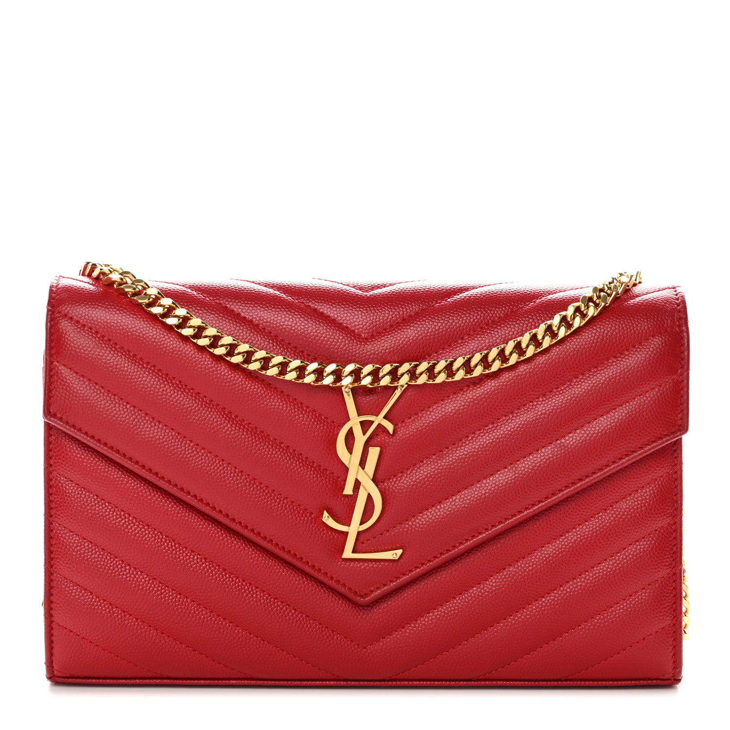 Saint Laurent Grain De Poudre Matelasse Chevron Monogram Chain Wallet New Red 1 of 12