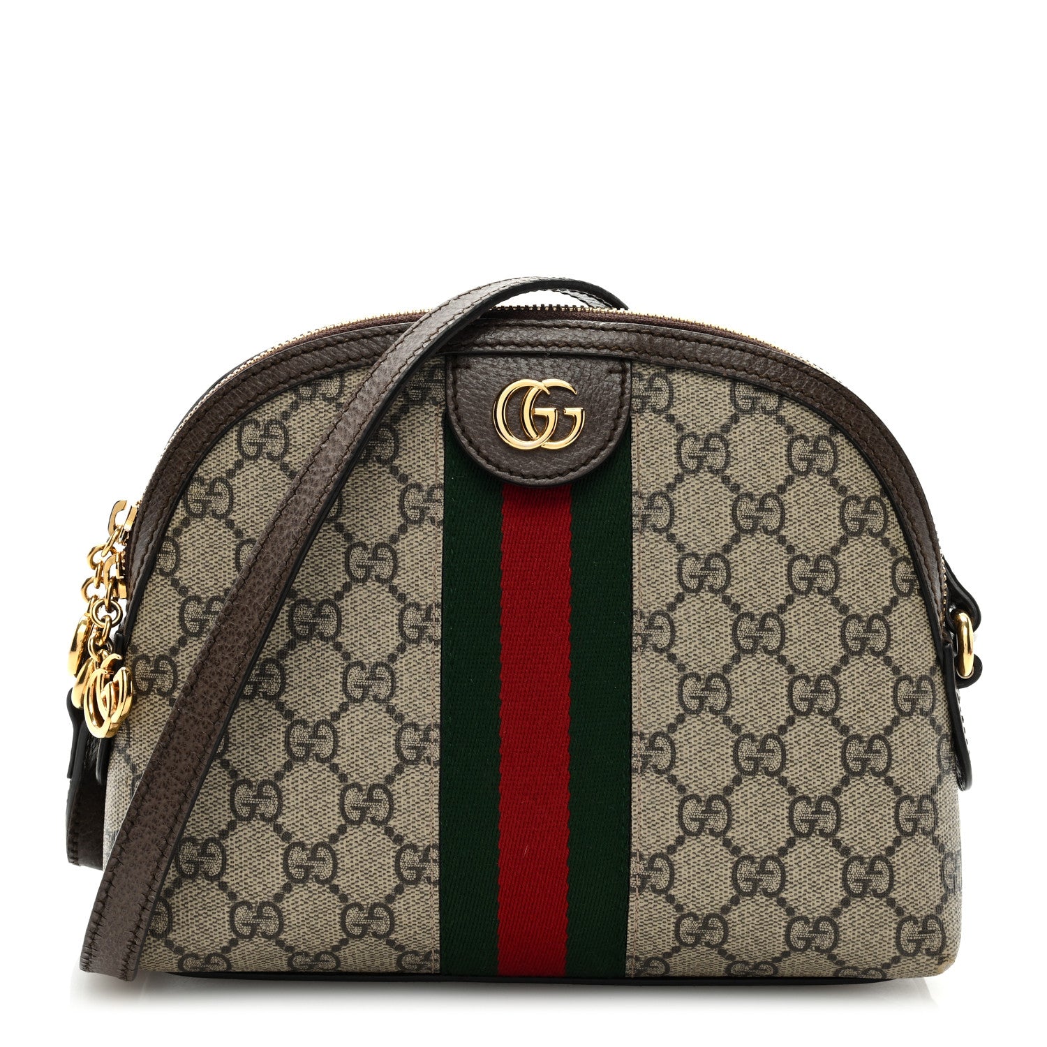 Gucci GG Supreme Monogram Textured Dollar Calfskin Web Small Ophidia Dome Shoulder Bag Beige Ebony New Acero 1 of 9