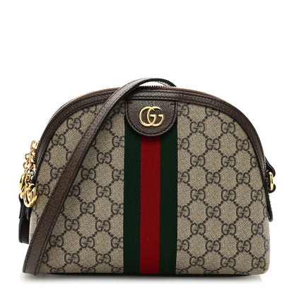 Gucci GG Supreme Monogram Textured Dollar Calfskin Web Small Ophidia Dome Shoulder Bag Beige Ebony New Acero 1 of 9