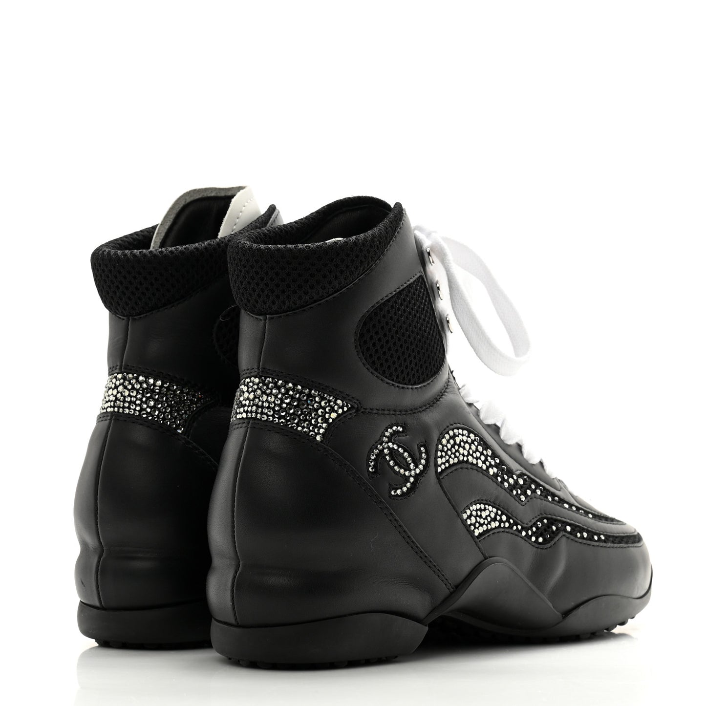 Calfskin Mesh Strass Womens CC Sneakers 38 Black Silver