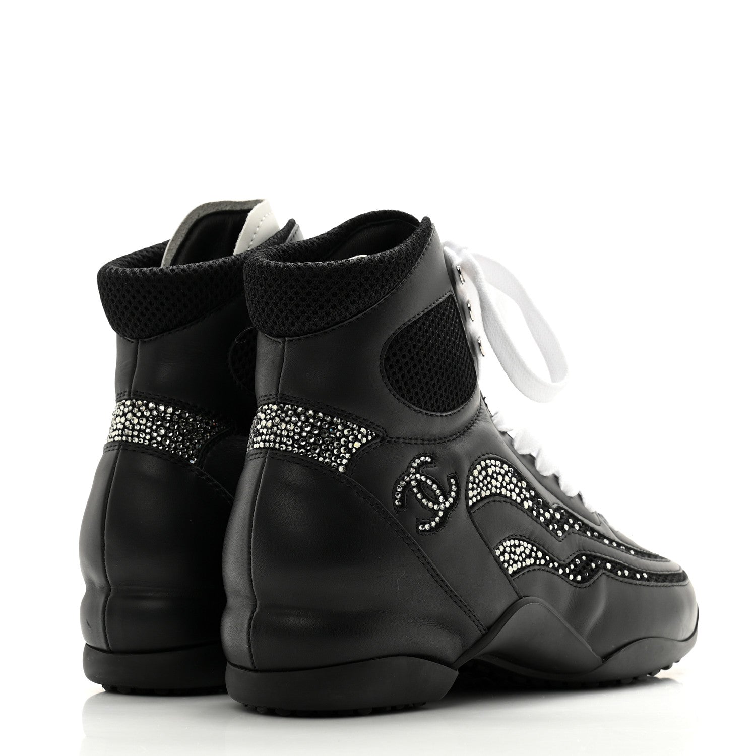 Chanel Calfskin Mesh Strass Womens CC Sneakers 38 Black Silver 4 of 8
