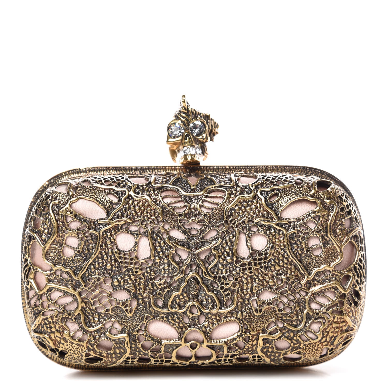 Alexander McQueen Metal Filigree Crystal Embellished Duchesse Skull Box Clutch Gold 1 of 14
