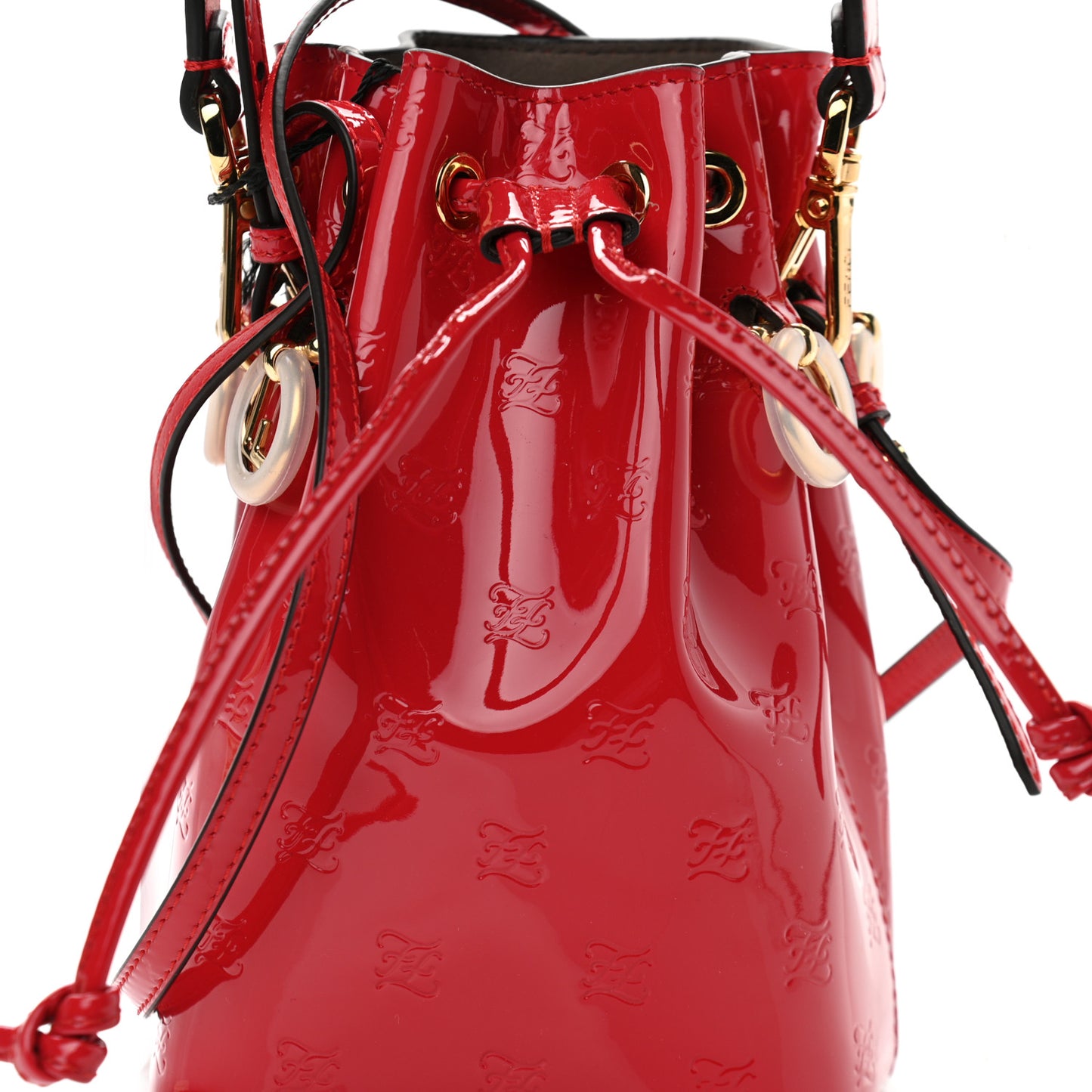 Vitello Vernice Mou F is Fendi Karligraphy Embossed Mini Mon Tresor Bucket Bag Rosso Cardinale