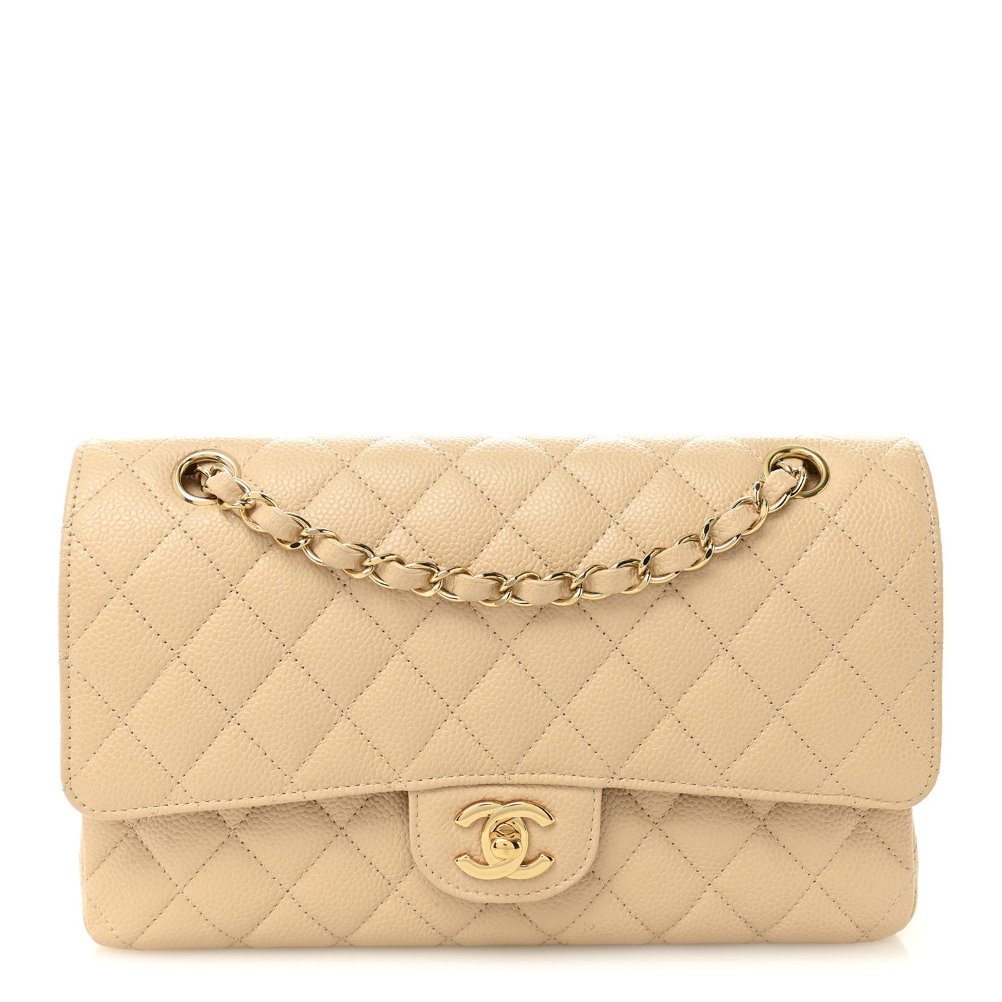 Caviar Quilted Medium Double Flap Beige
