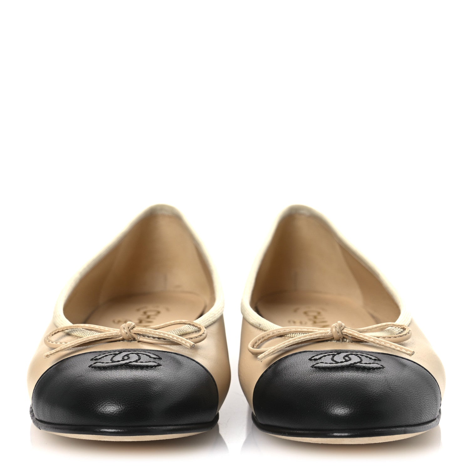 Chanel Lambskin Cap Toe CC Ballerina Flats 38.5 Beige Black 3 of 12
