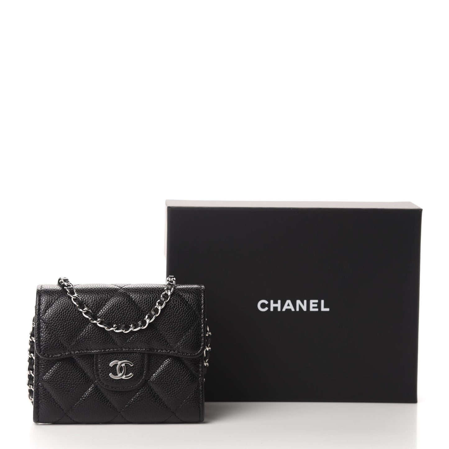 Caviar Quilted Flap Card Holder On Chain Black