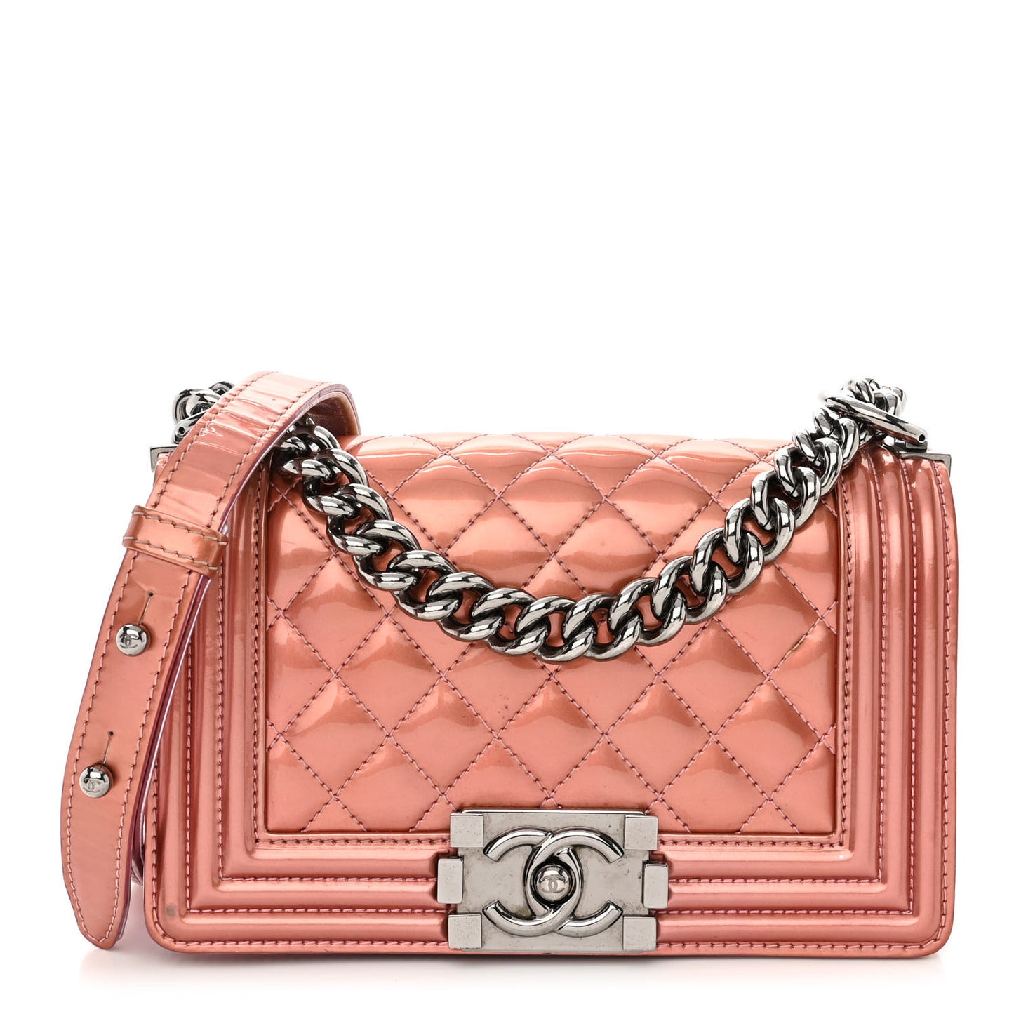 Metallic Patent Calfskin Quilted Small Boy Flap Pink