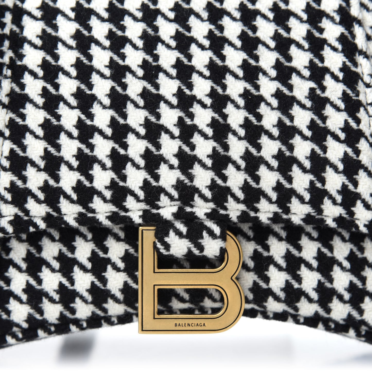 Wool Houndstooth Small Hourglass Top Handle Bag Black White