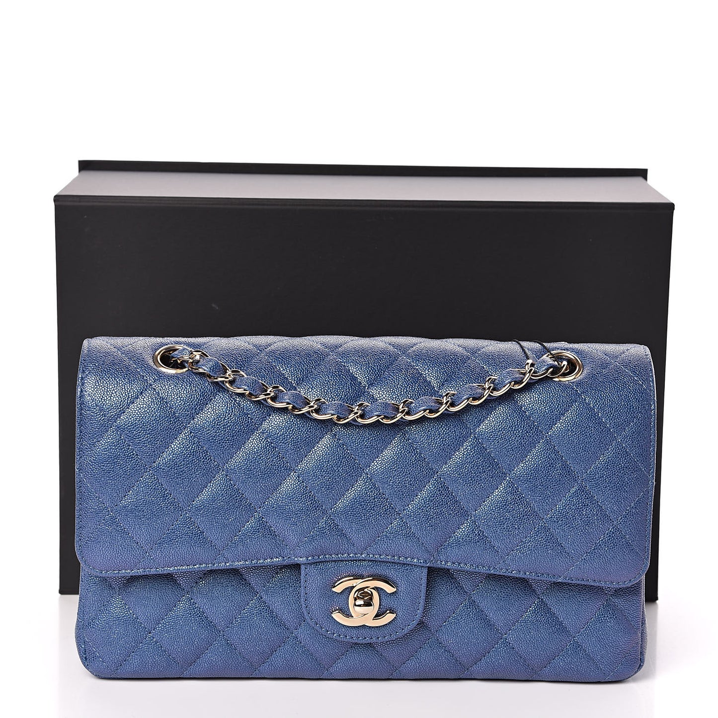 Iridescent Caviar Quilted Medium Double Flap Dark Blue