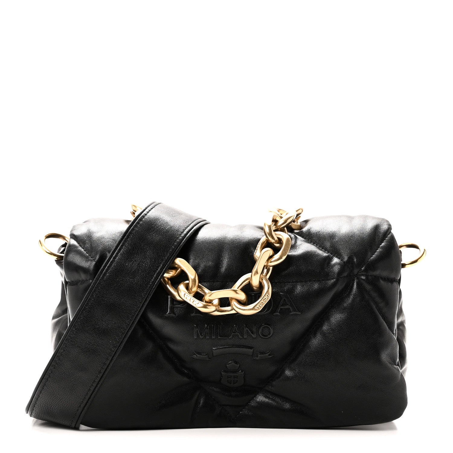 Prada Nappa Soft Padded Logo Embossed Triangle Quilted Small Shoulder Bag Black 1 of 9