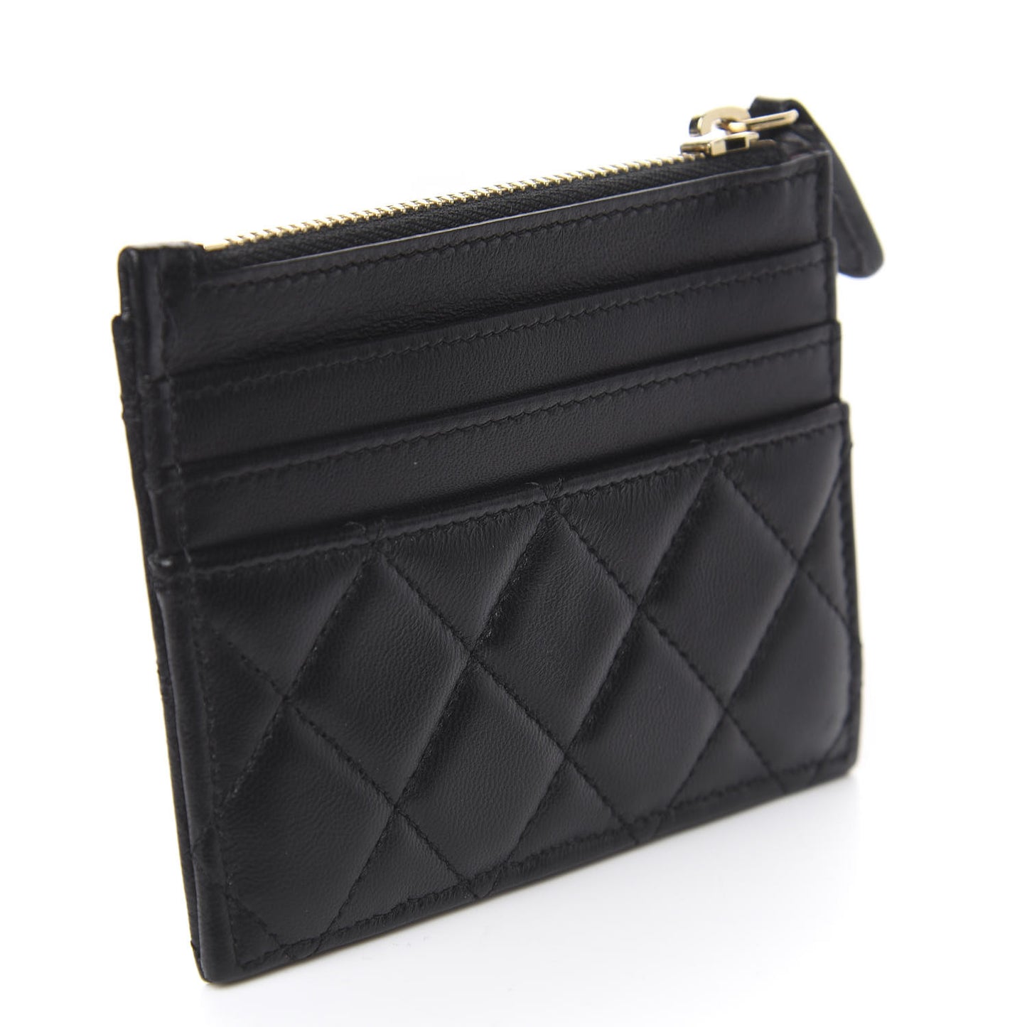 Lambskin Quilted Zip Card Holder Black