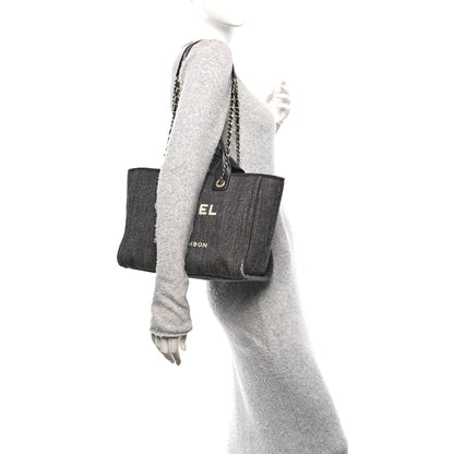 Chanel Denim Small Deauville Tote Dark Blue White Blue White 2 of 10
