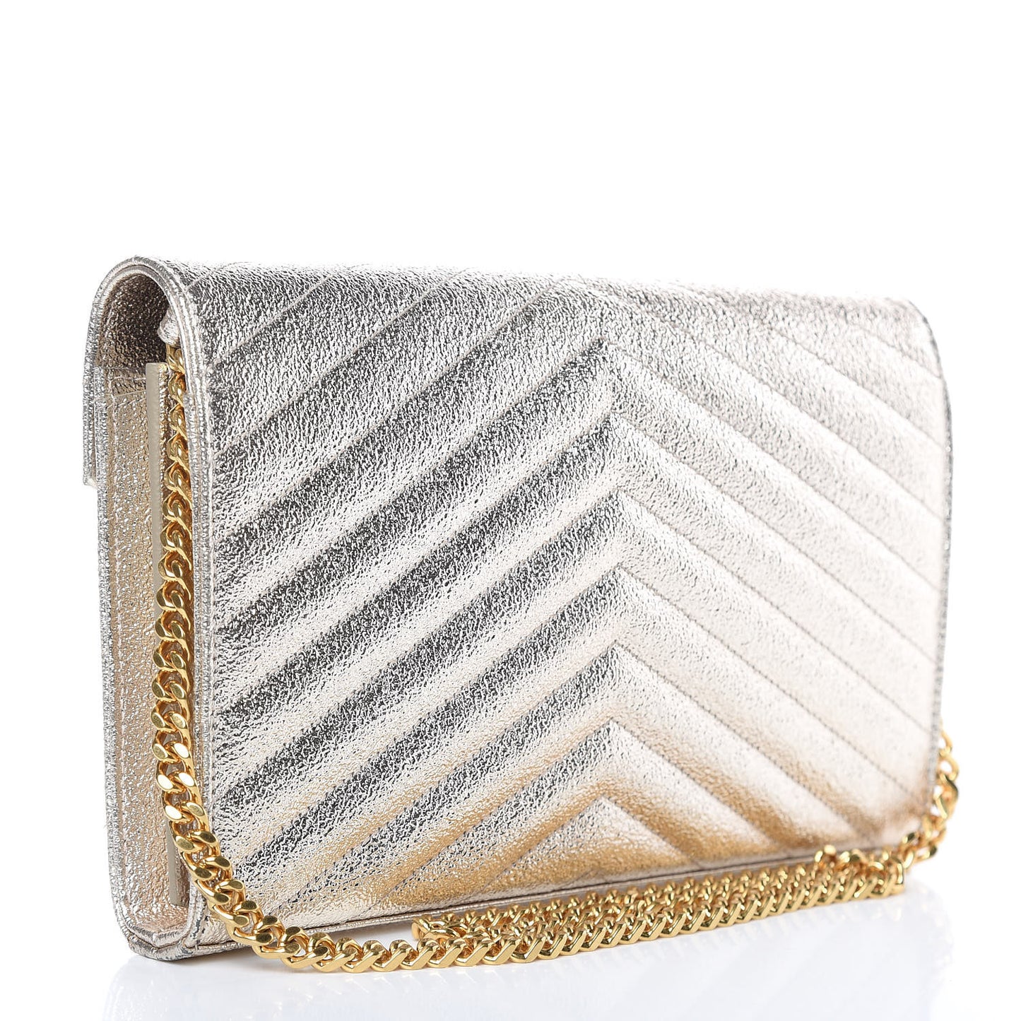 Metallic Crackled Calfskin Matelasse Chevron Monogram Chain Wallet Gold