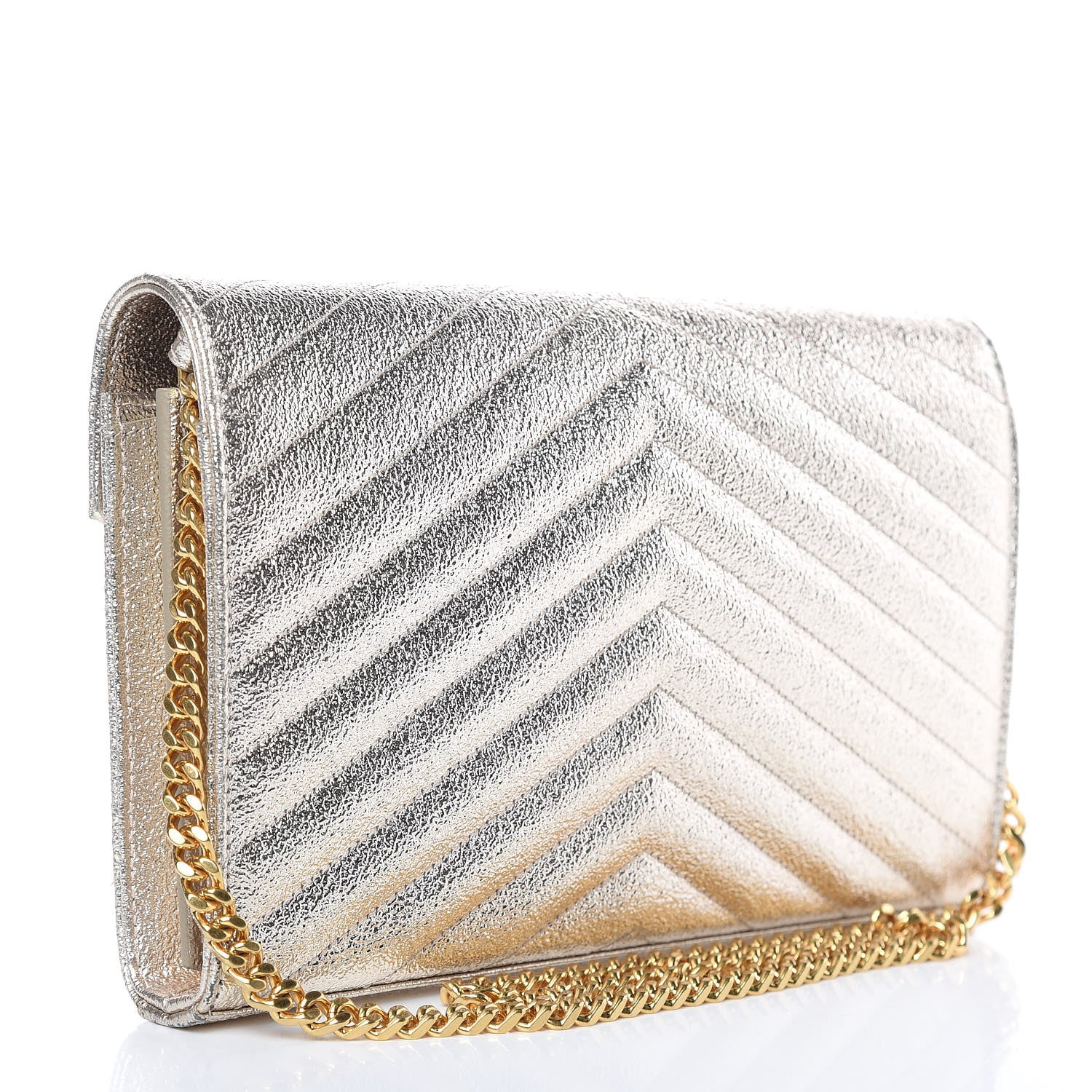 Saint Laurent Metallic Crackled Calfskin Matelasse Chevron Monogram Chain Wallet Gold 3 of 9