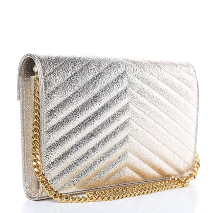 Saint Laurent Metallic Crackled Calfskin Matelasse Chevron Monogram Chain Wallet Gold 3 of 9