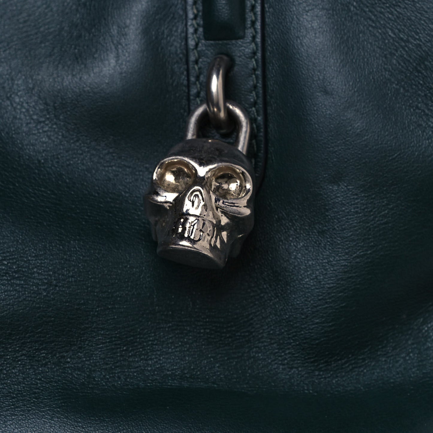 Pebbled Calfskin Large Skull Padlock Zip Around Tote Dark Green