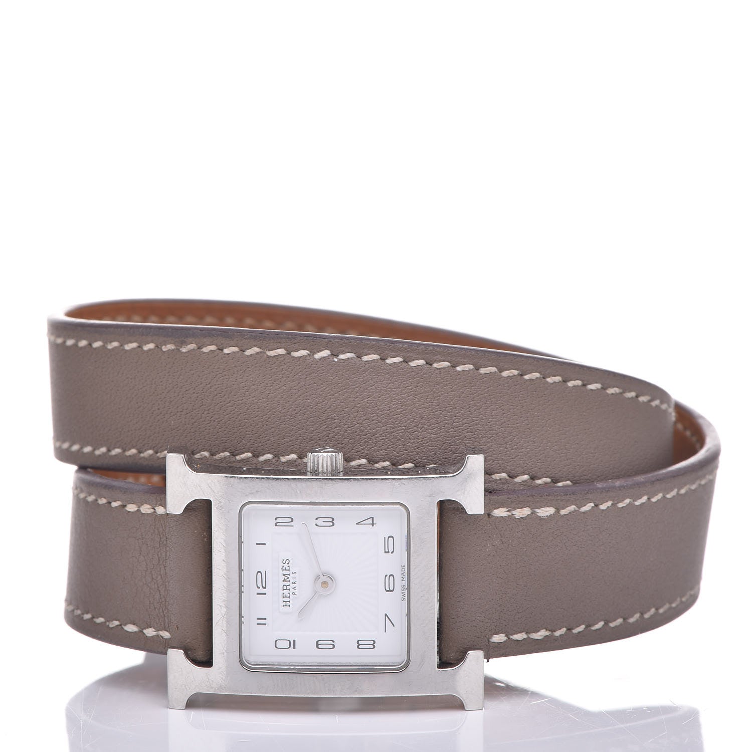 Hermes Stainless Steel Swift 21mm Heure H Hour Double Tour Quartz Watch Etoupe 3 of 9