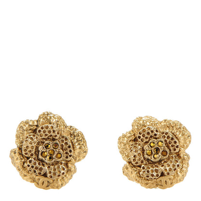 Chanel Camellia Crystal Clip On Earrings Gold 1 of 5