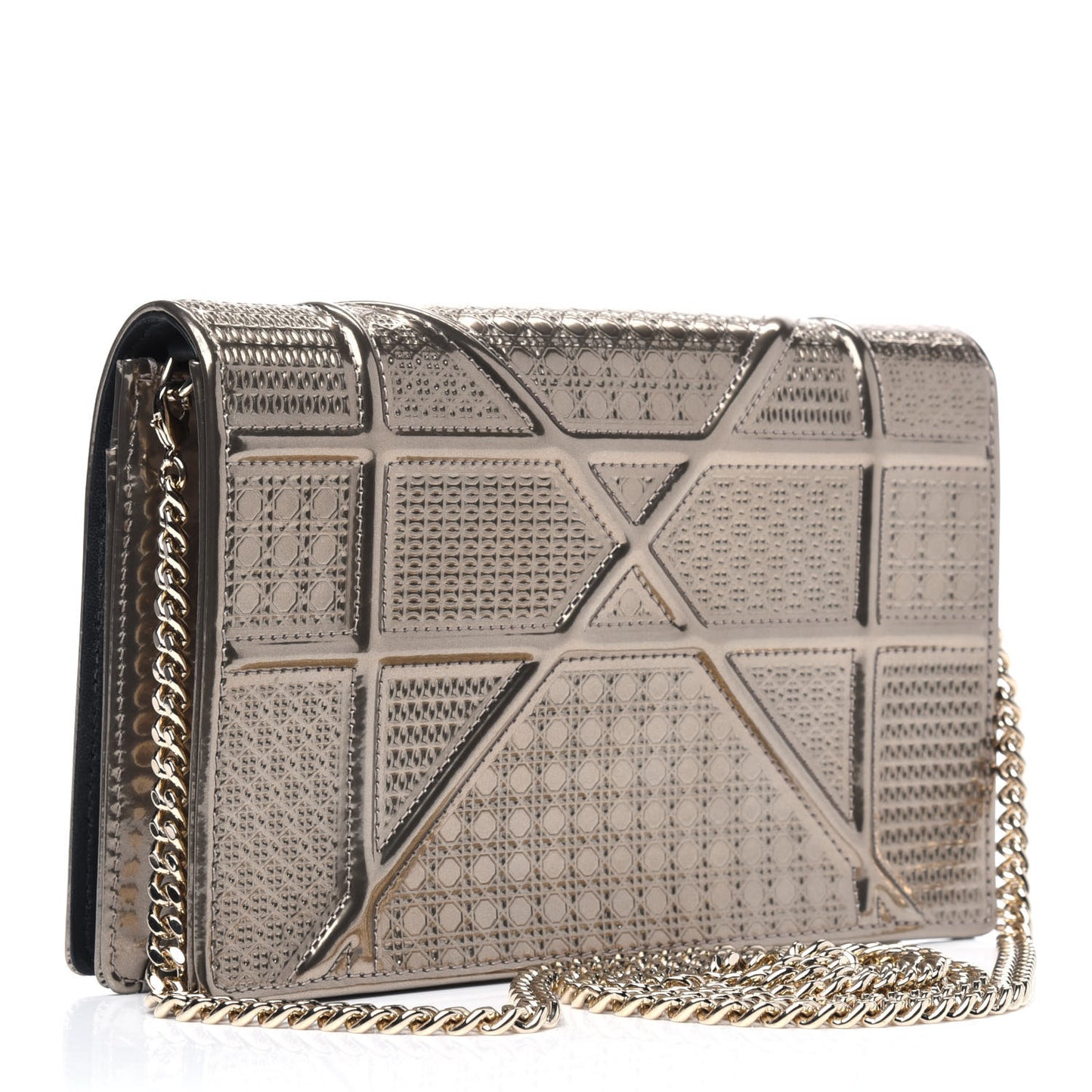 Metallic Patent Micro-Cannage Diorama Wallet on Chain Pouch Gold