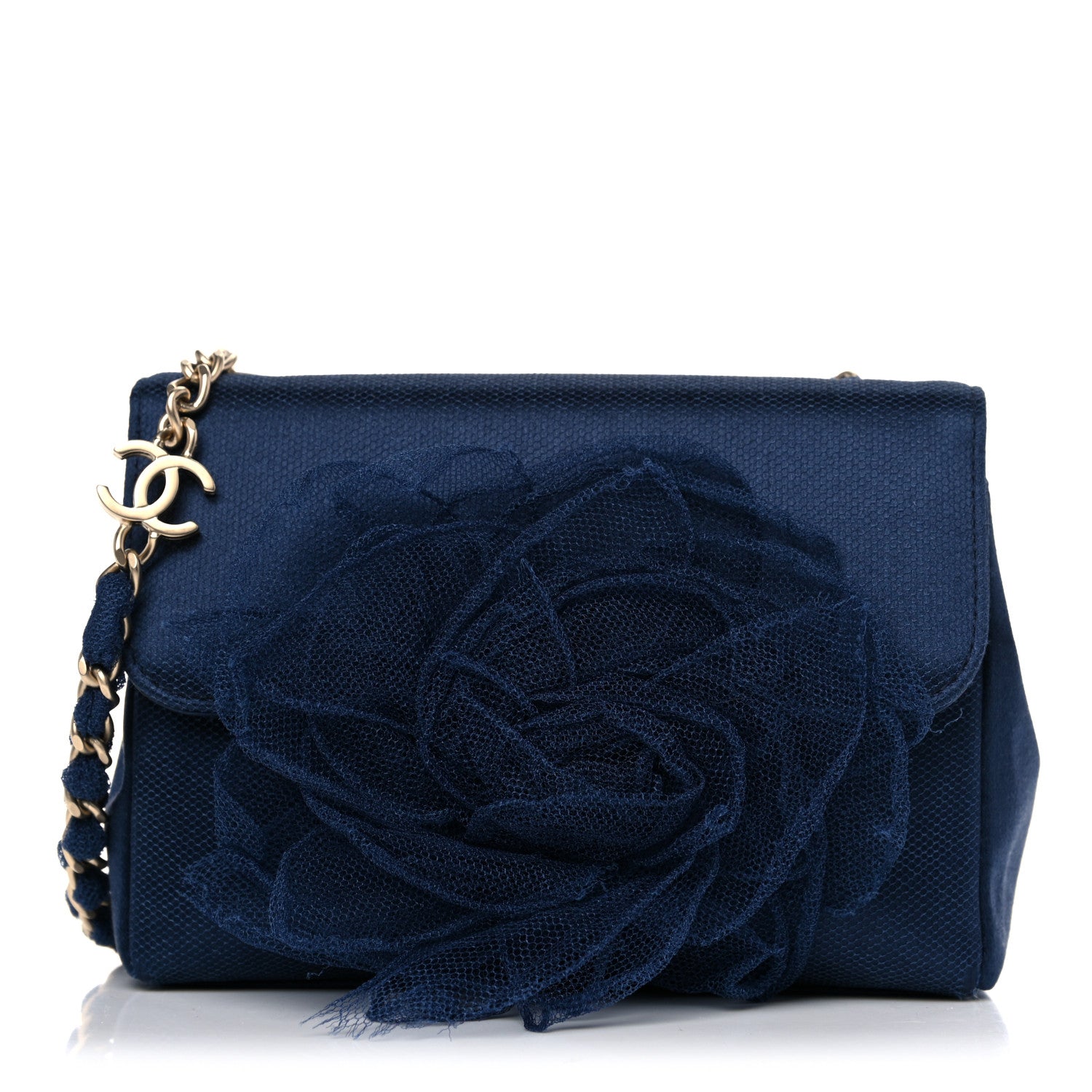 Chanel Satin Mesh Camellia Flap Navy Blue 1 of 12