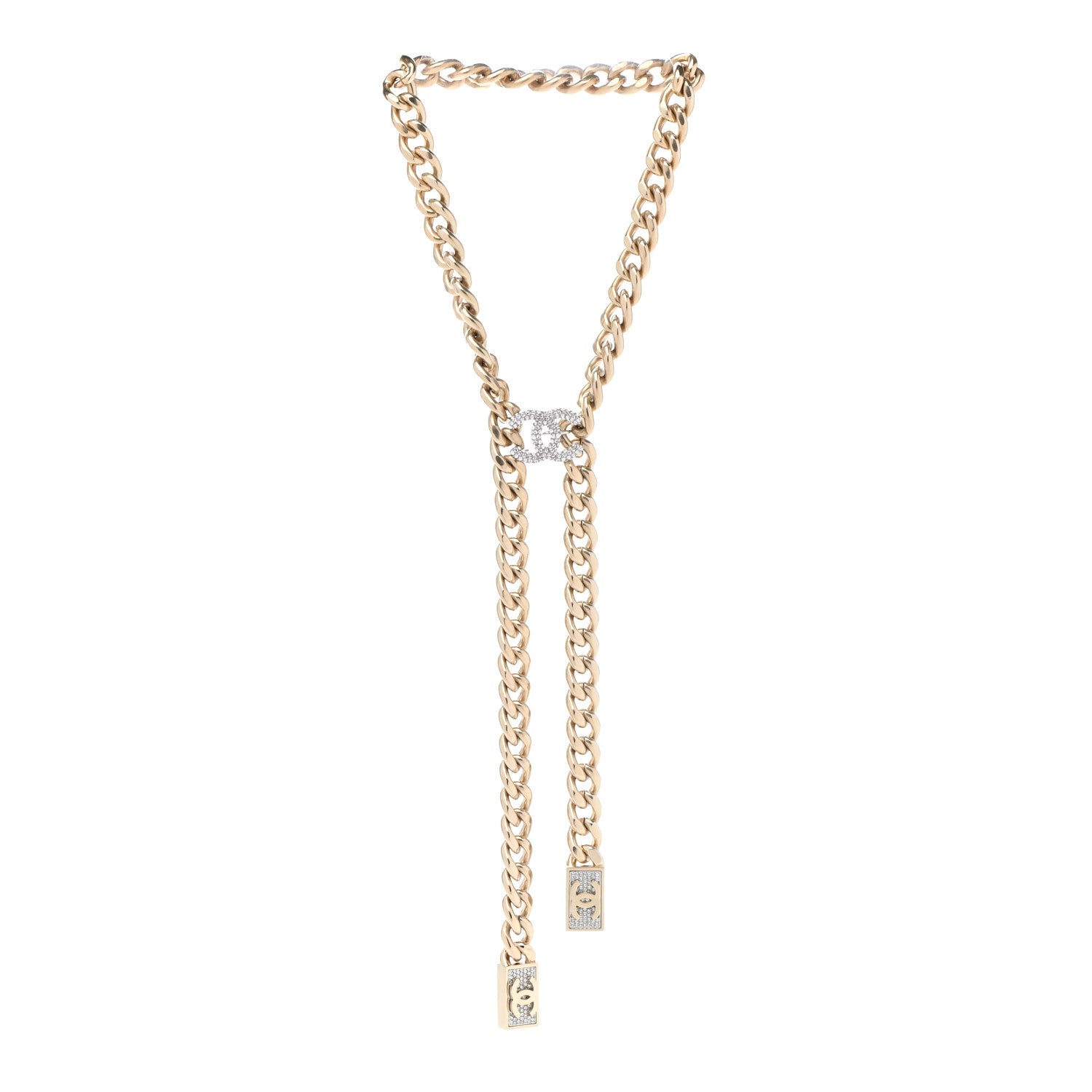 Chanel Chain Link Crystal CC Dog Tag Charm Necklace Gold 3 of 7