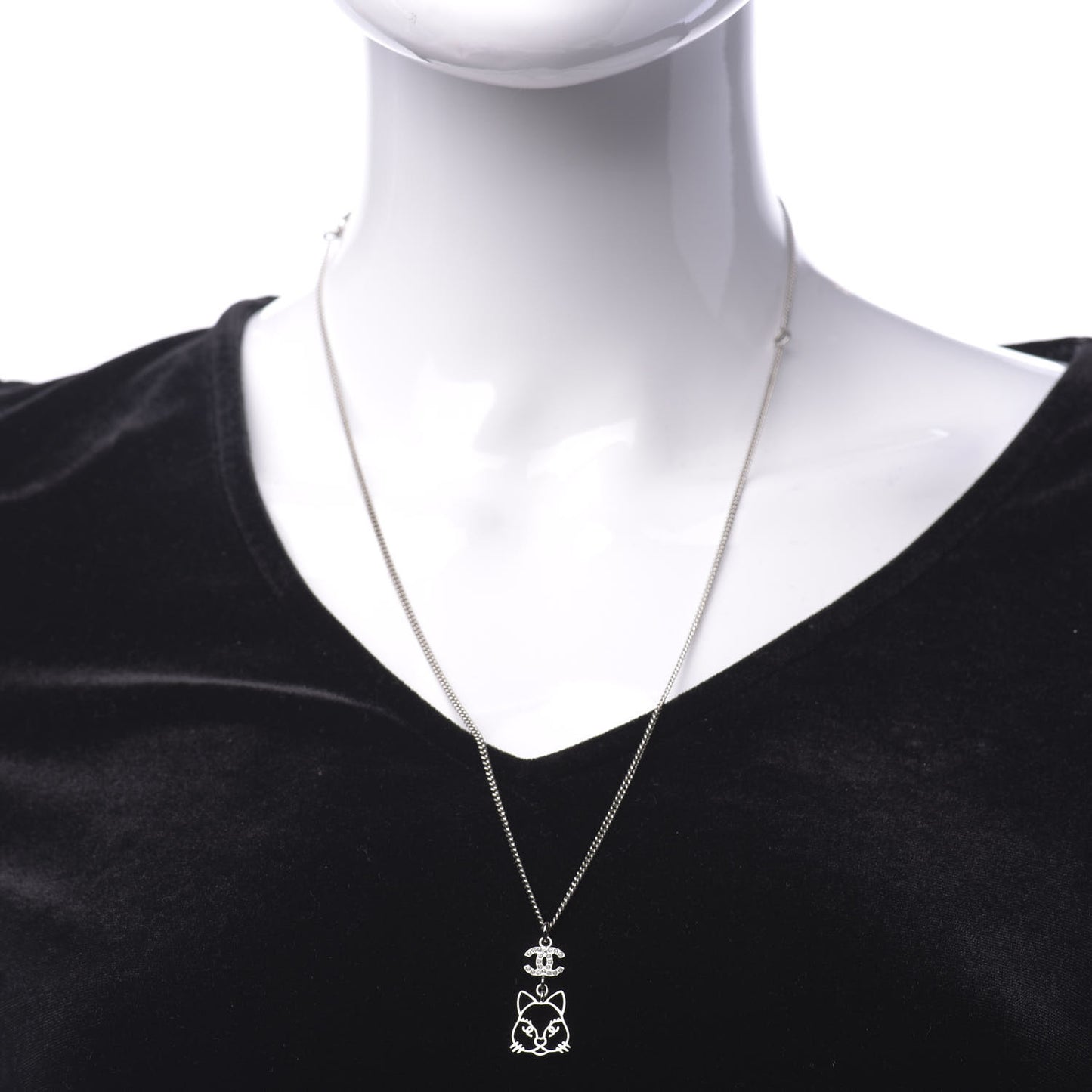 Crystal Emoji Choupette Cat Pendant Necklace Silver