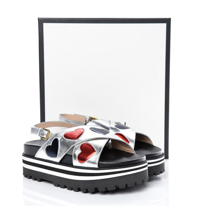 Gucci Metallic Nappa Silk Sunrise Heart Crossover Platform Lug Sole Sandals 38 Argento 7 of 7