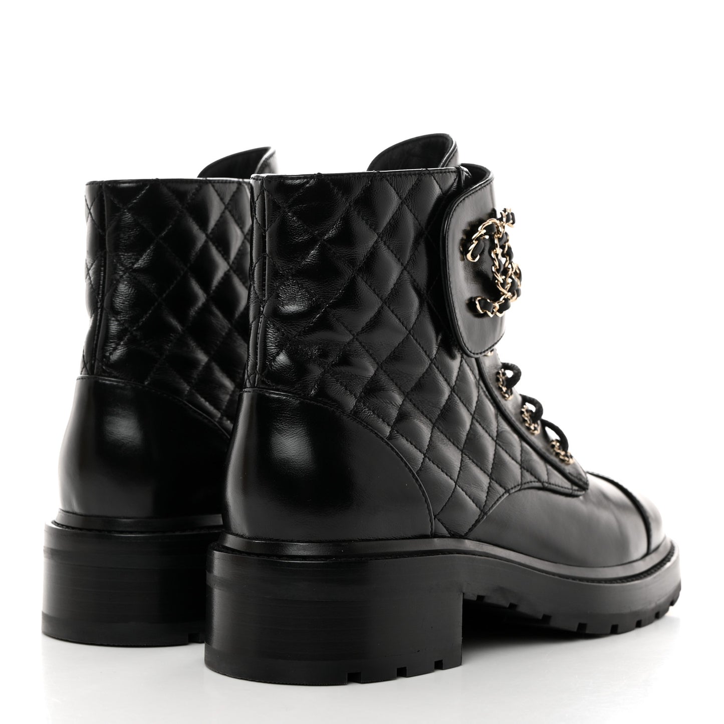 Shiny Calfskin Quilted Lace Up Combat Boots 40.5 Black