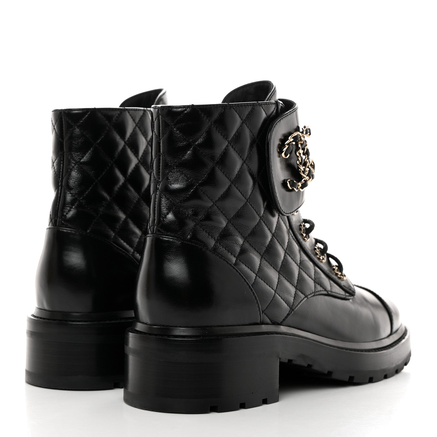 Chanel Shiny Calfskin Quilted Lace Up Combat Boots 40.5 Black 4 of 9